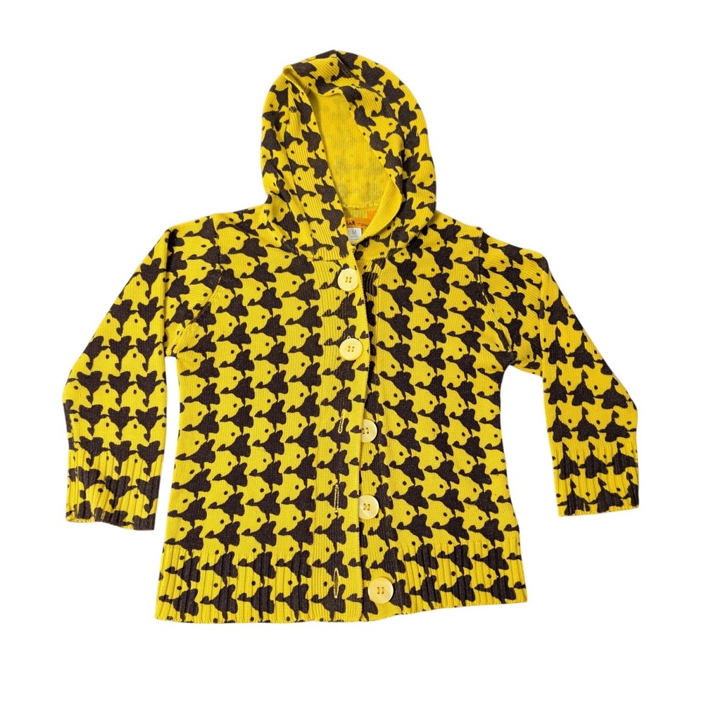 Casual by Sfera Yellow Brown Abstract Pattern Knit Hooded Cardigan Sweater M